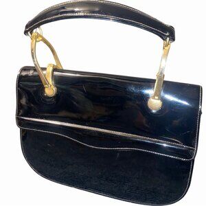 Vintage Black Patent Leather Handbag  Gold Tone Handle Hardware Classic USA